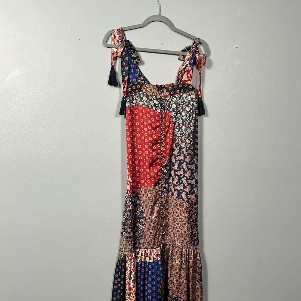 Isidra Boho Maxi Dress with Shoulder Ties Layered Skirt size M patchwork